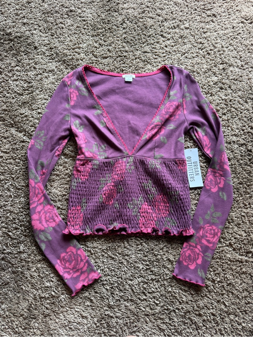 Urban Outfitters Kimchi Blue Purple and Pink Floral Smocked V-Neck Crop Top